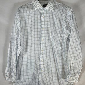 Pronto Uomo Mens Dress Shirt Size 17.5 32/33 White w/ Blue Checker Pattern